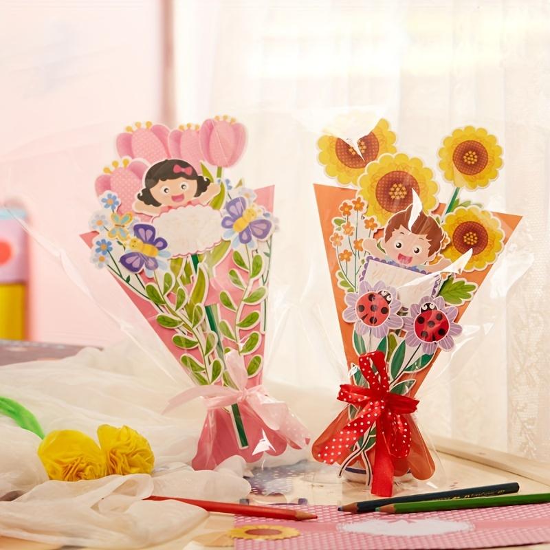 6sets Mother's Day gift handmade diy paper hand-held flower greeting card making material kit, kindergarten children handmade greeting card DIY