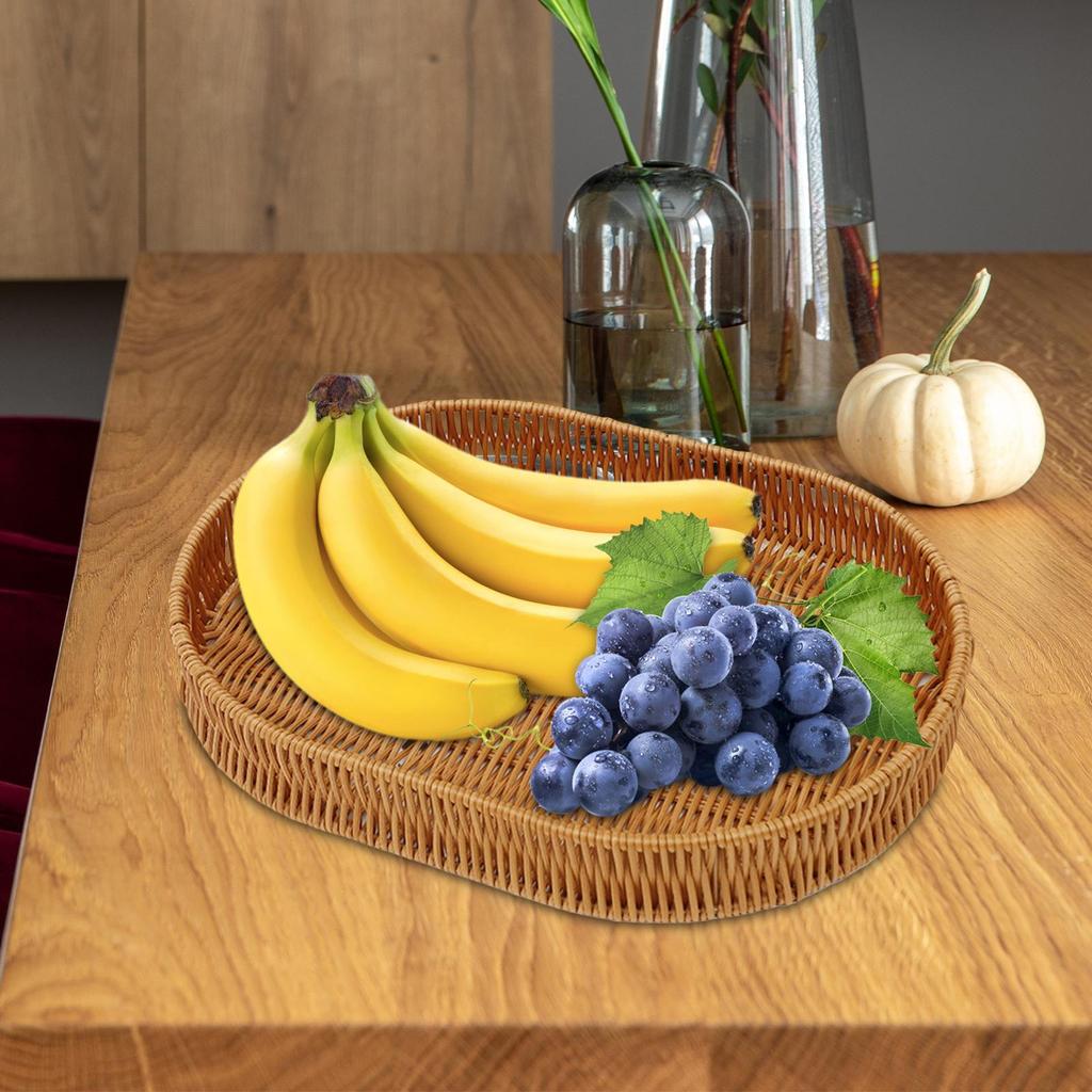Imitation Rattan Fruit Tray, Weaving Storage Holder, Rectangle Handwoven Basket Organizer Tray for