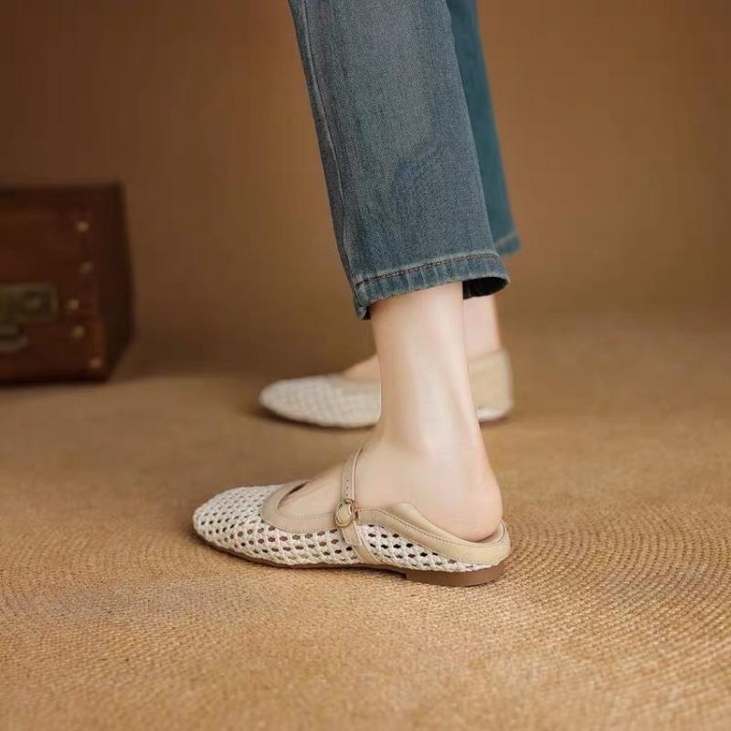 Fashion Woven Cutout Flat Single Shoes Women's Summer New Square Toe Shallow Mouth One Strap Soft Sole Mary Jane Sandals