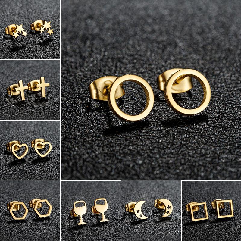 Golden Minimalist Stainless Steel Stud Earrings for Women Circle Hexagon Cross Square Cup Earings Piercing Jewelry Gifts