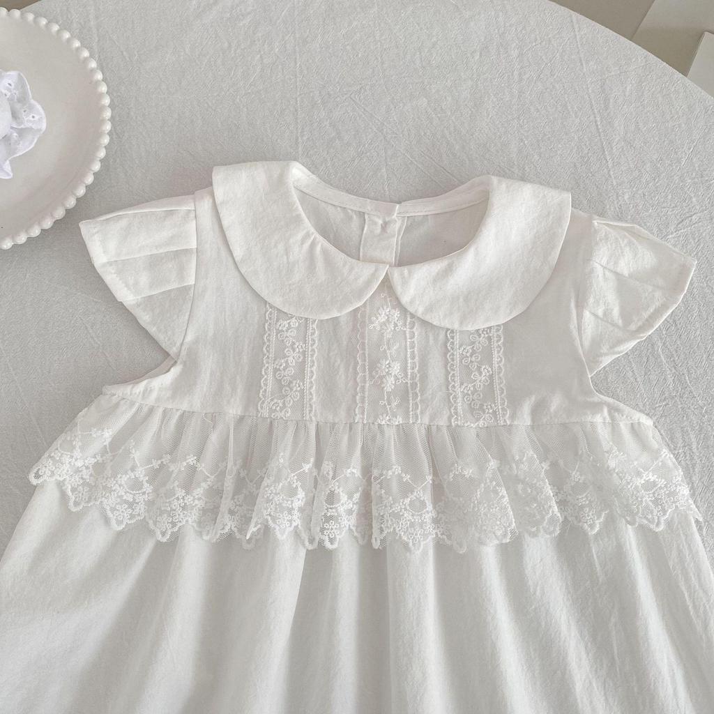 Girls' Korean Style White Flutter Sleeve Cotton Dress - Summer New Arrival Princess Dress