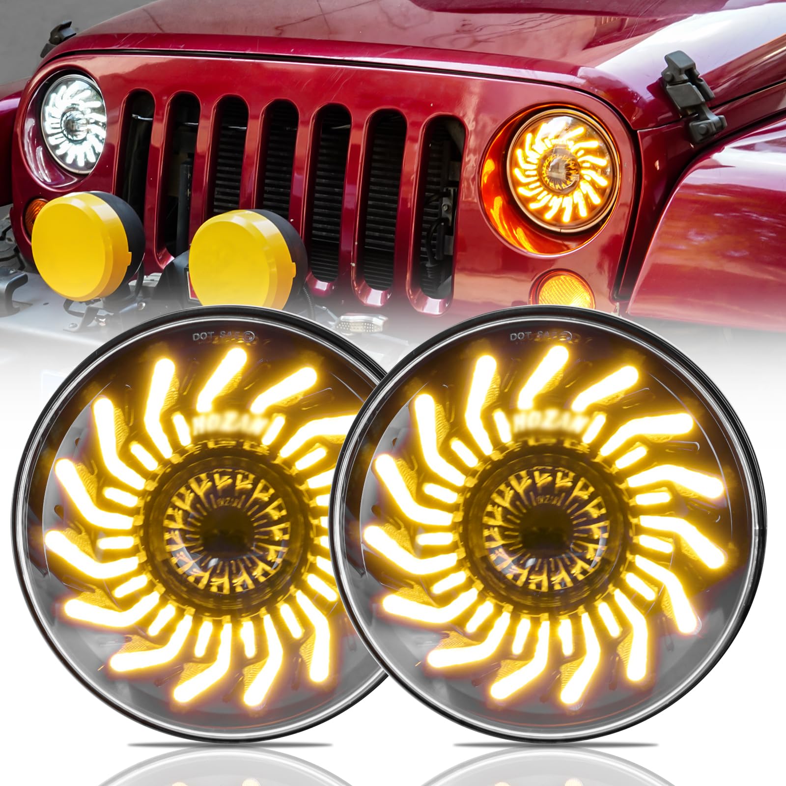 

Motikvans Wrangler LED с желтыми указателями поворота и белым светом для Wrangler Toyota FJ и Hummer Комплект для техосмотра 2 круглые фары фары,