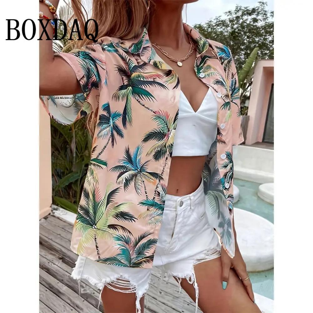 Summer Blouses Vintage Floral Print Short Sleeve Shirts For Women Casual Beach Hawaiian Vacation Lapel Shirt For Women Clothing