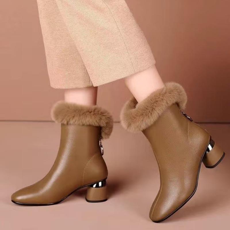 Autumn and Winter New Retro Thick Heel Martin Boots Women's Hairy Mouth Warm Fashion Boots Medium Plush Boots Women