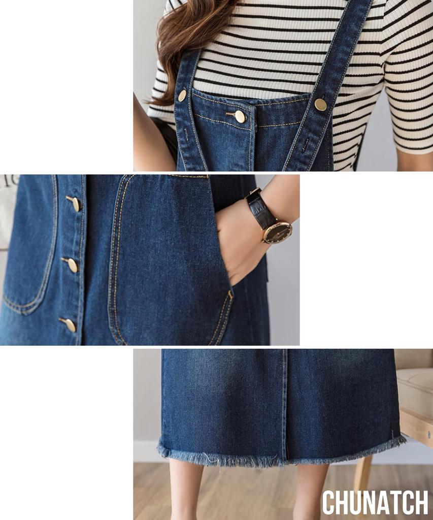 Chunachi Denim Overalls Dress American Plus Sky Plus Denim All Loose Overall Skirt Skirt, Below-the-Knee, Button-Front, Women's, Stylish, Dress-Up,