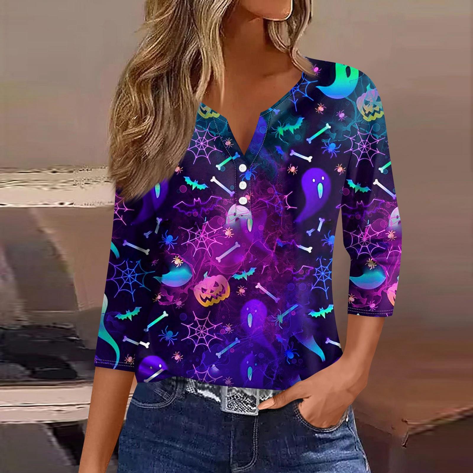 

Женские топы с рукавом 3/4 с цветочным принтом на Хэллоуин, винтажные модные повседневные свободные рубашки с v-образным вырезом, рубашки больших размеров XL