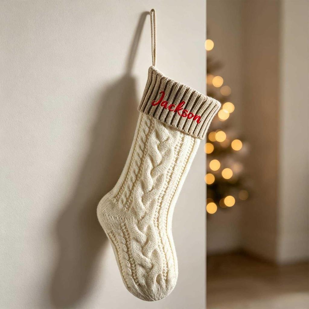 Large Knitted Wool Christmas Stocking with Embroidery - Rhombus Candy Bag Ornament