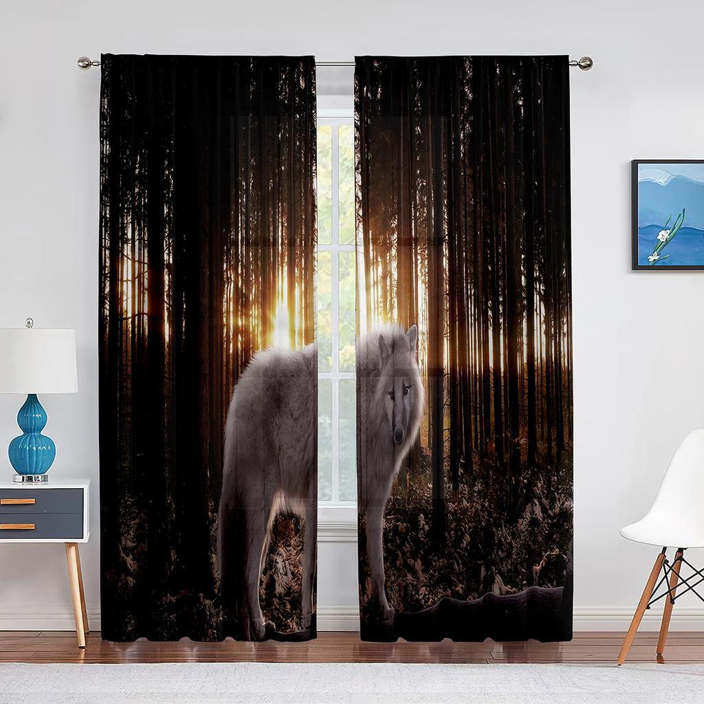Pack of Wolves In Winter Forest Fantasy Tulle Curtains for Living Room Bedroom Chiffon Sheer Voile Kitchen Window Curtain Drapes