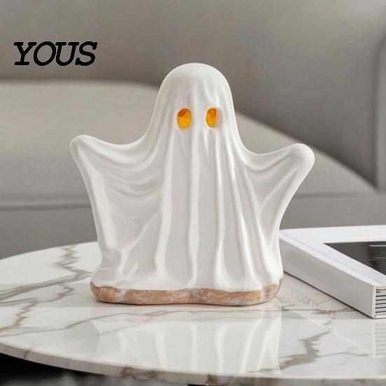 Warm Light Desktop Accents Ghost Ornament with Light, Cute Spooky Luminous Figurine, Creative Halloween Room Resin Night for Tabletop And Window