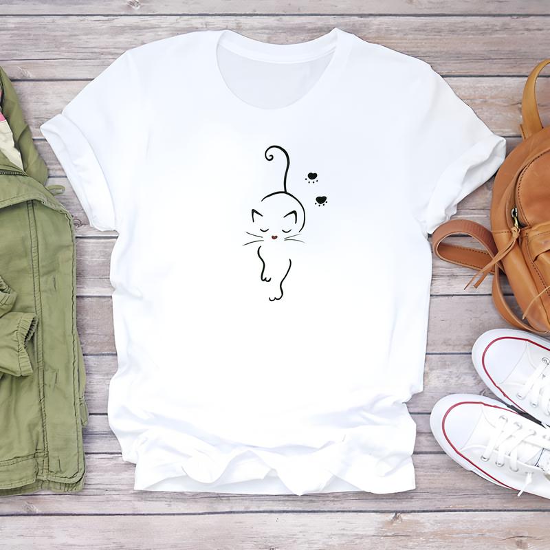 Dámské tričko denní módy, letní trendy roztomilý tištěný design, stylový top s krátkým rukávem.