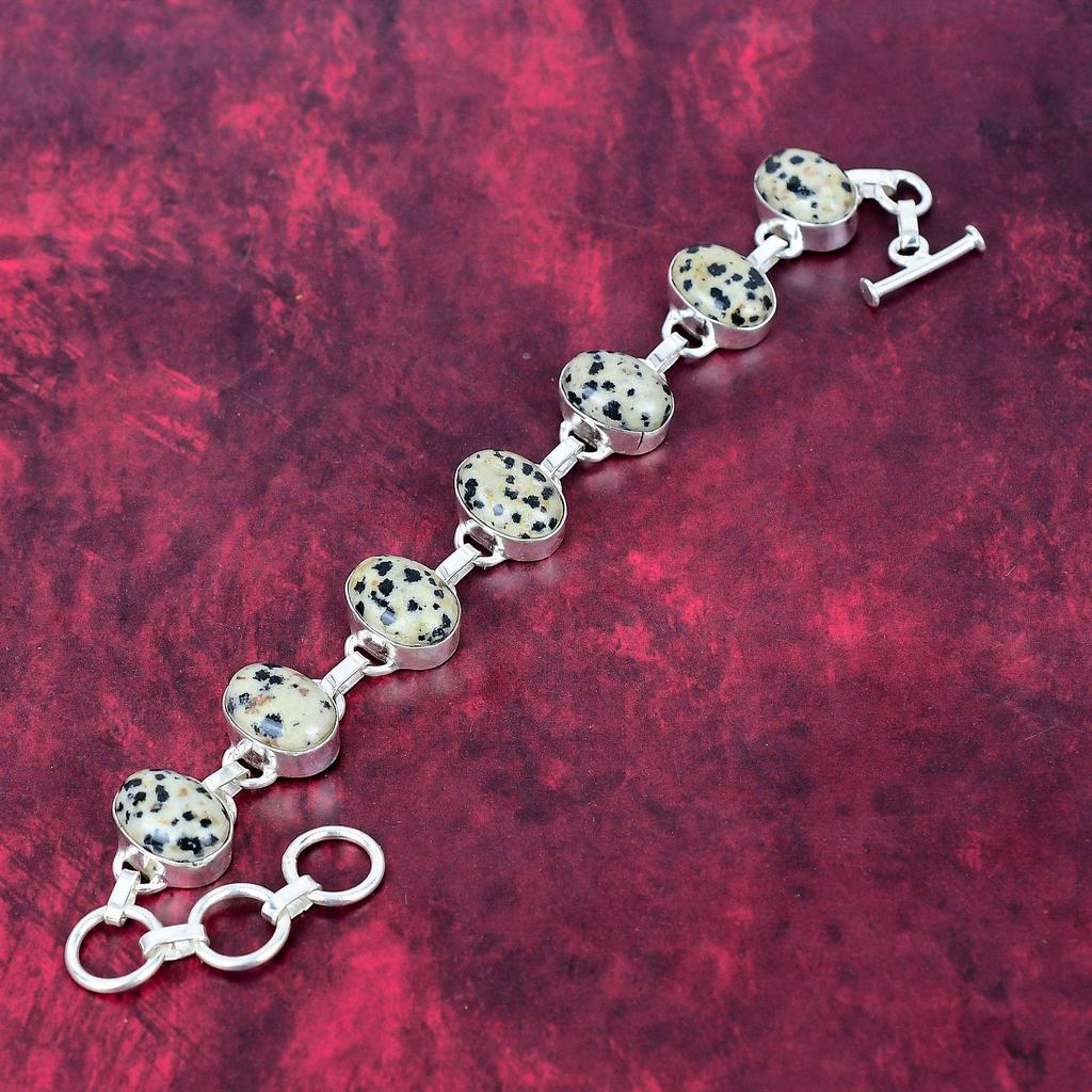 Bransoletka z jaspisu Dalamntion 925 Sterling Silver, Ręcznie robiona biżuteria z kamieniami szlachetnymi, Prezenty dla żony, Zupełnie nowa bransoletka
