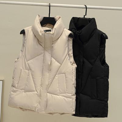 Women Vest Coat Thickened Padded Cardigan Zipper Solid Color Sleeveless Closure Stand Collar Pockets Windproof Warm Women Plus