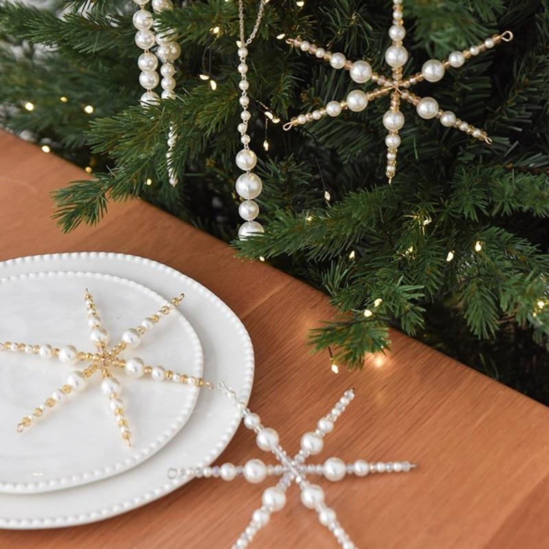 Christmas Tree Hanging Ornament with Faux Pearls Styling, Elegant Holiday Decors for Branches, Window, and Home Accents