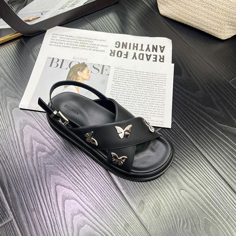 

Босоножки на платформе с перекрестными ремешками и пряжкой-бабочкой, женские, новые летние, из коровьей кожи, повседневные, универсальные, плоские, пляжные туфли 40