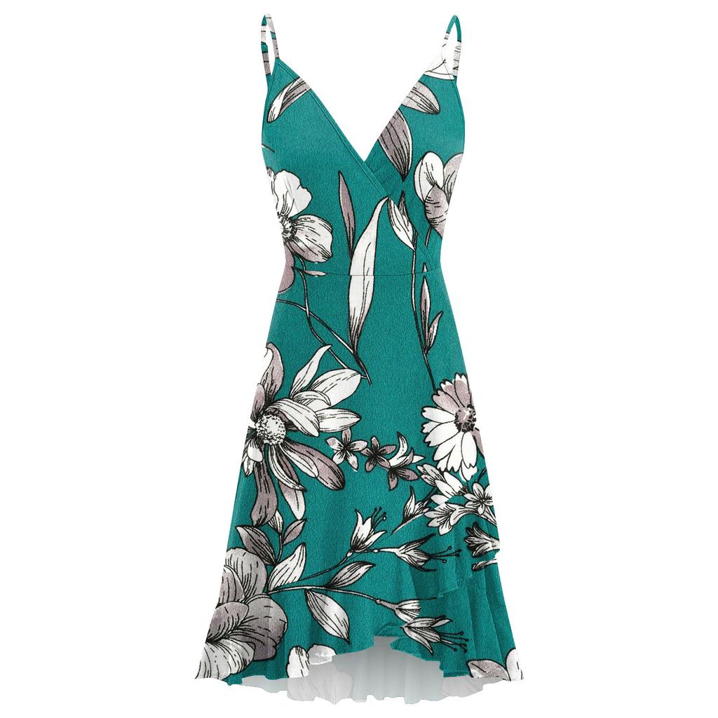 Women Summer Wrap V Neck Adjustable Spaghetti Straps Chest Pleats Casual Ruffle Dress Summer Beach Knee Length Dress Open Back Off Shoulder Dress