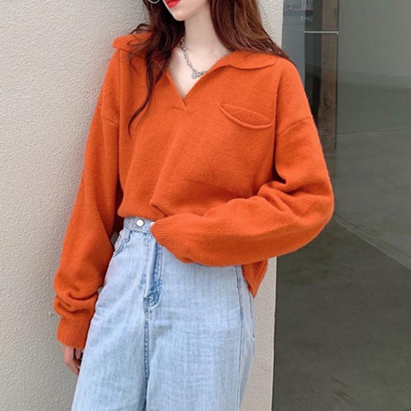 Hirsionsan oříznuté volné, jednobarevné pletené svetry s výstřihem do V, dámské Nové korejské kauzální retro svetry Minimalistické svetry s dlouhým rukávem