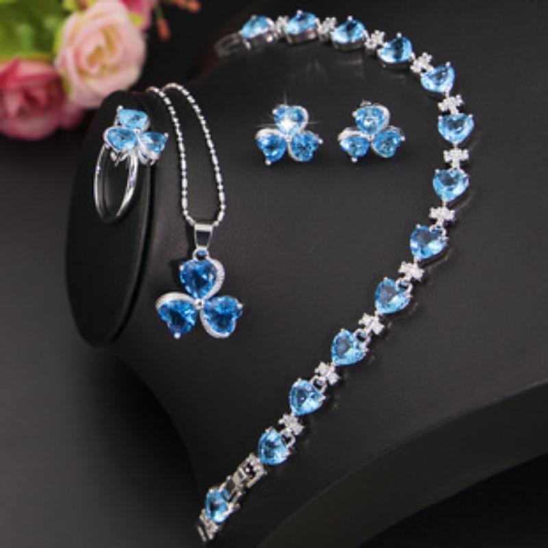 Heart Shaped Water Drop Necklace and Earrings Set European and American Jewelry Three Piece Set Bridal Jewelry Set