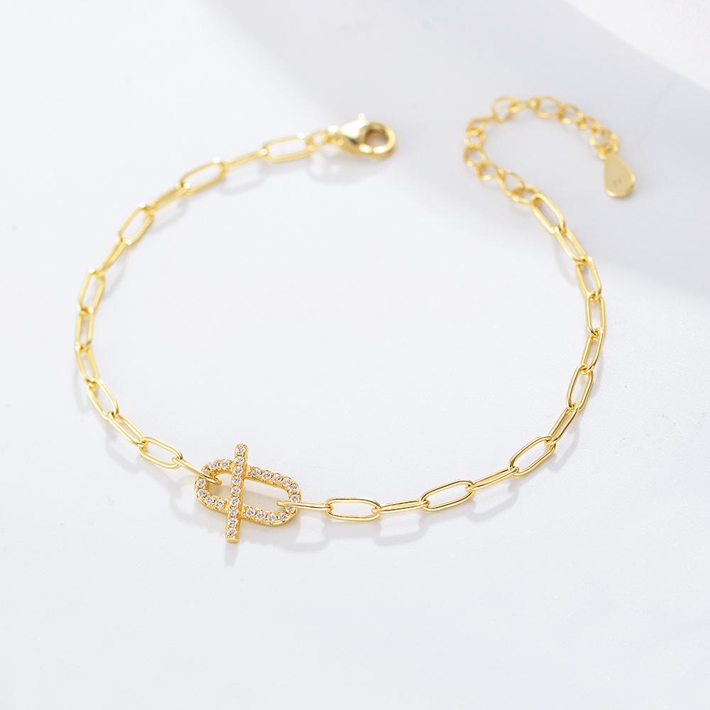 925 Sterling Silver Toggle Clasp Bracelet Gold Plated White CZ Geometric Chain Jewelry