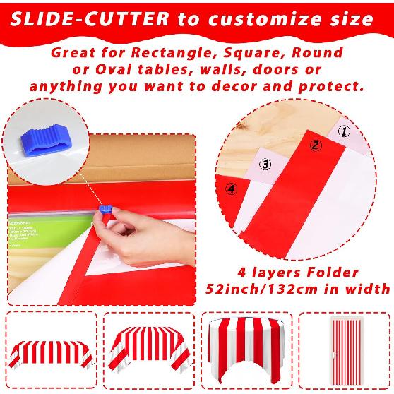 Red and White Striped Tablecloth Roll 52 in x 100 Ft with Slide Cutter Circus Carnival Party Supplies Halloween Christmas Plastic Picnic Table Cover