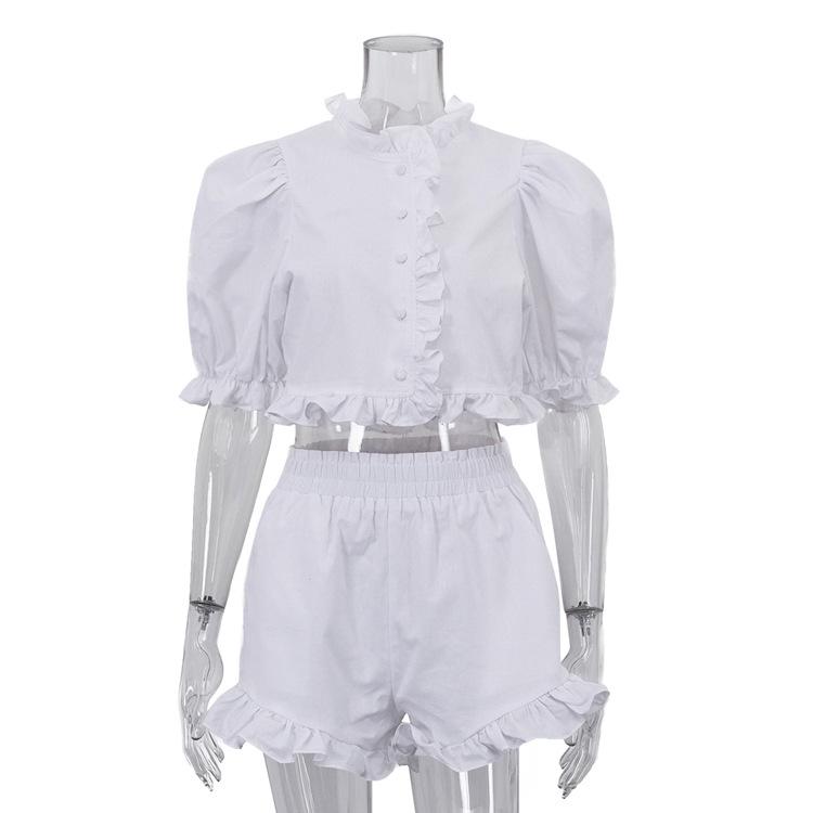 

women s Ruffled Trim Puff Sleeve Crop Top Elastic Waist Shorts Casual Two Piece Outfit Summer Short Set S белый