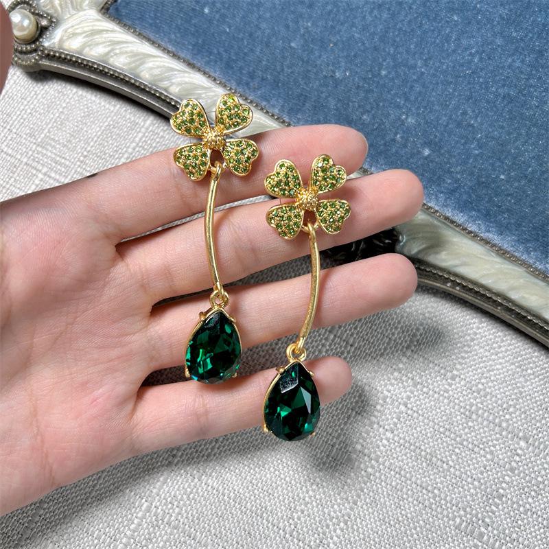Osc Retro Gold Curved Hook Four-Leaf Clover & Teardrop Green Diamond Dangle Earrings for Women