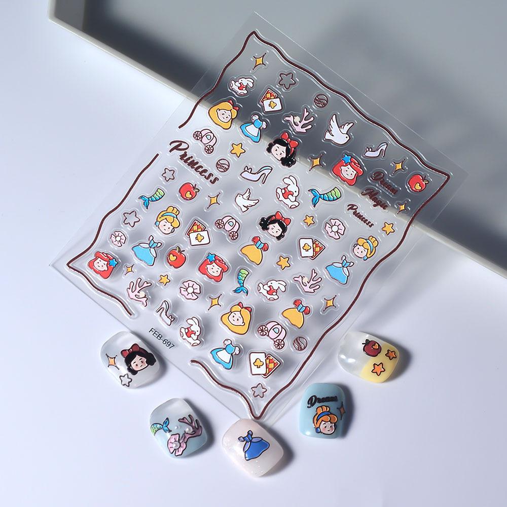 3D Embossed Cartoon Princess Stickers - Reusable, Self-Adhesive Nail Art Decor Perfect for Manicures and Party Decorations