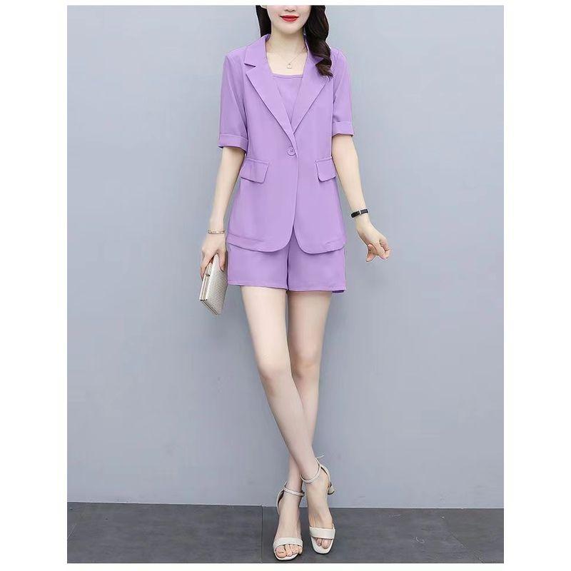 

Brand Store Clearance Leak Detection This Year Popular Temperament Suit Shorts Three-Piece Set Summer Chubby Girl Professional Style Slim Looking Purple M (recommended 40.00 kg-50.00 kg