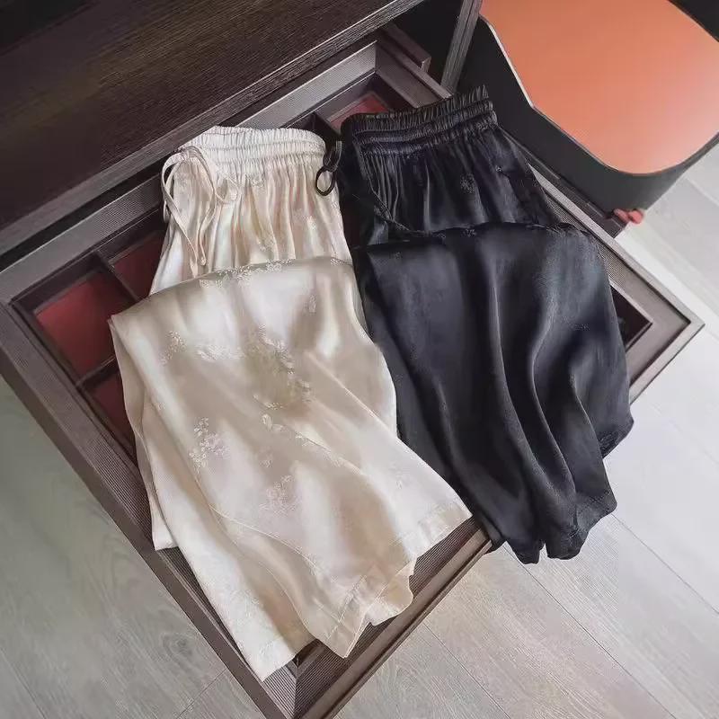 Pantaloni de damă cu talie înaltă, din jacard satinat, cu picior larg - Stil chinezesc nou (Design 2025)