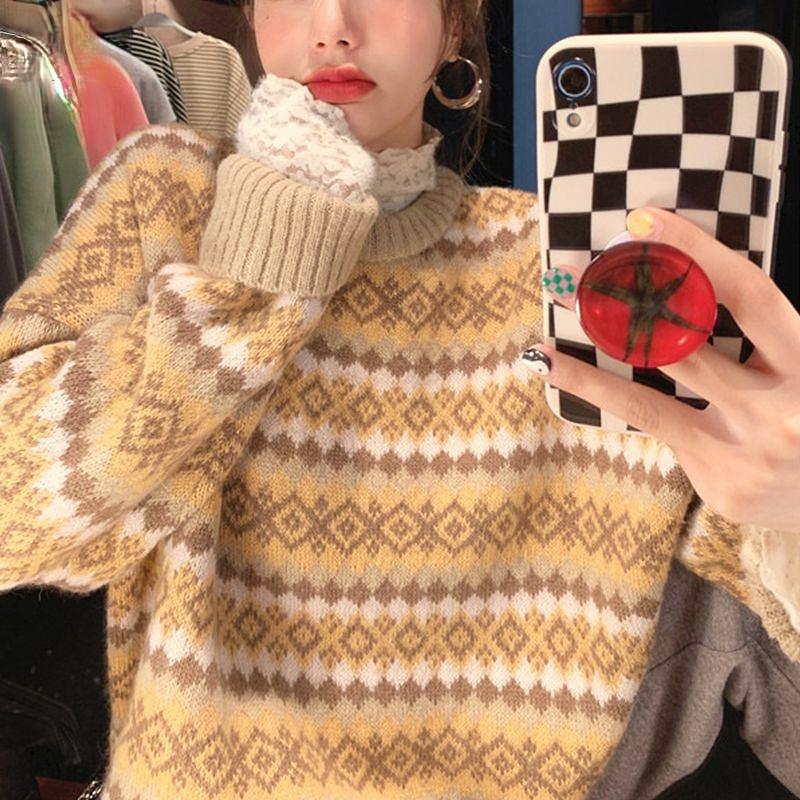 Autumn and Winter Warm Daily Loose Knitted Sweater Female Retro Casual Diamond Plaid Sweater Female