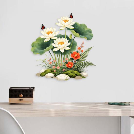 White Lotus Wall Sticker Waterproof Self-Adhesive Flowers Lotus Leaf Wall Decal Peel And Stick