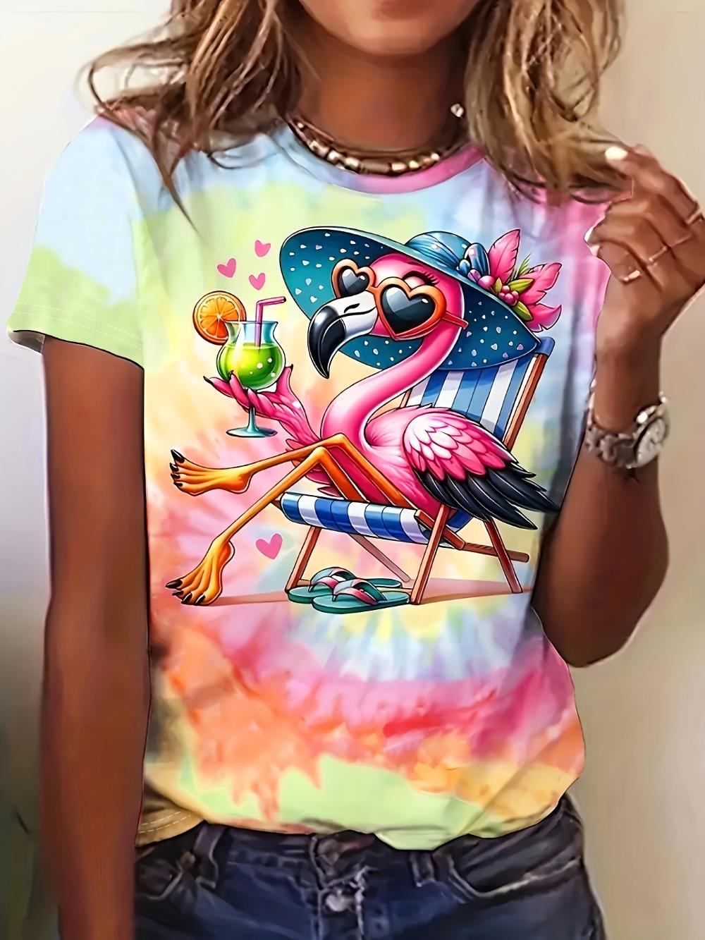 2025 Summer Women Flamingo Printed T-shirt Round Neck Vibrant Flamingo Design Loose Short Sleeve Quick Drying  and Breathable XL
