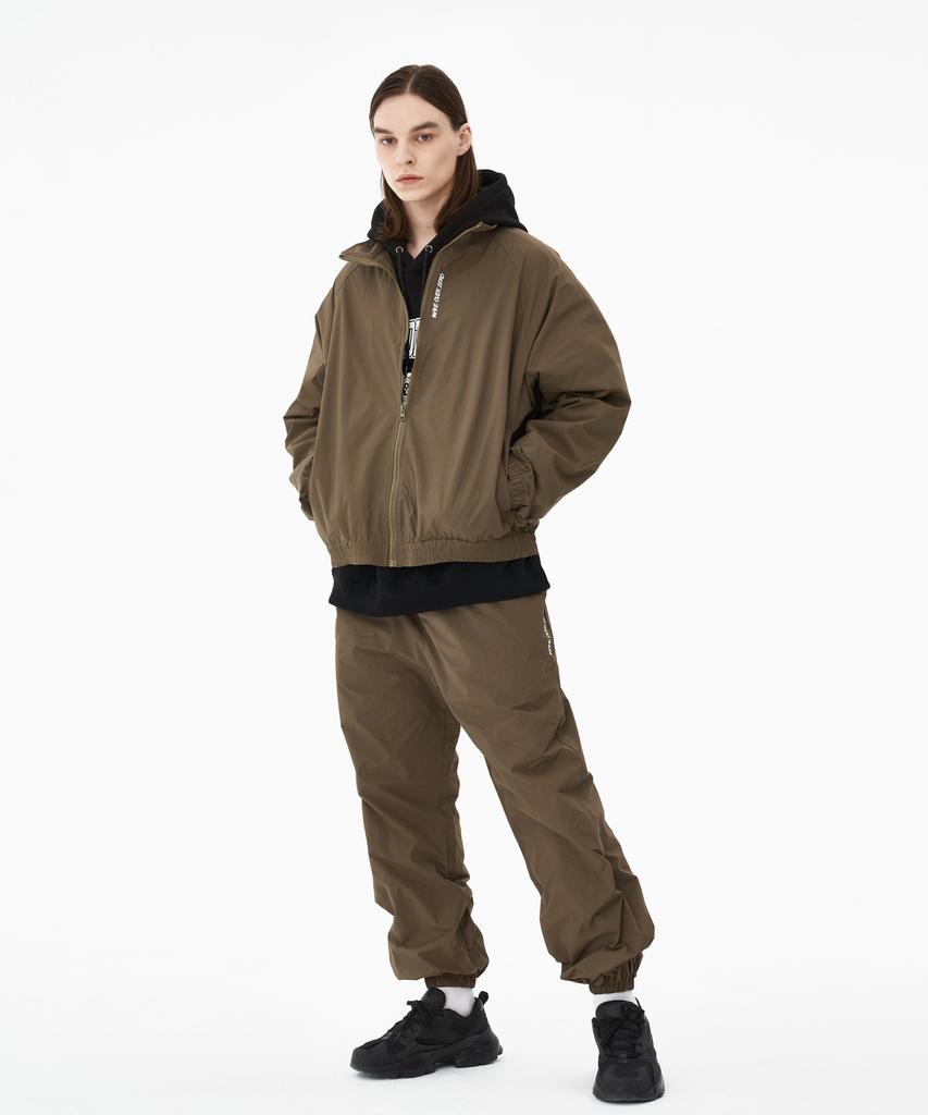 Mozmoz Solid Embroidered Oversized Zip-Up Windbreaker Brown