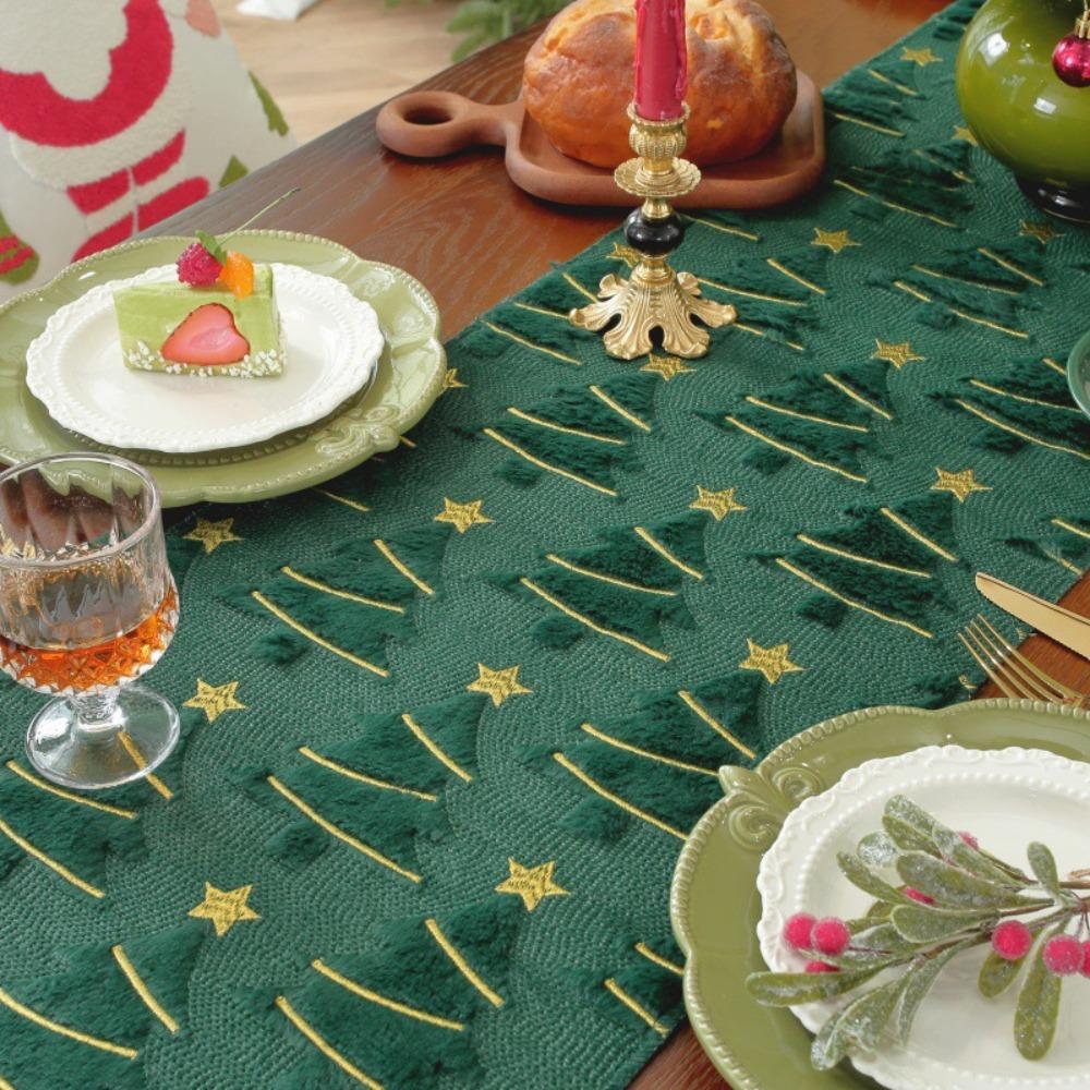 Christmas Table Runner Fluffy Embroidered Green Holiday Decor Dining Table Cover Throw