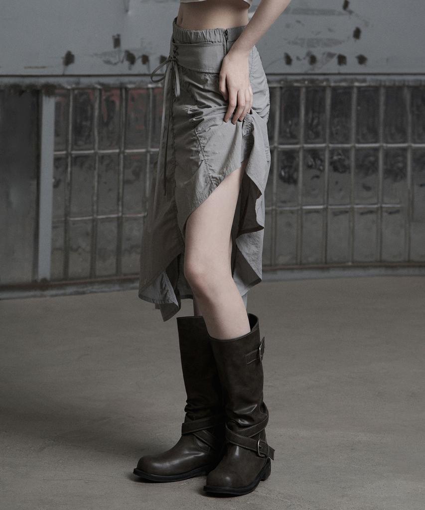 Jenyujeu Lace-Up Asymmetrical Wave Puckering Skirt - Light Gray