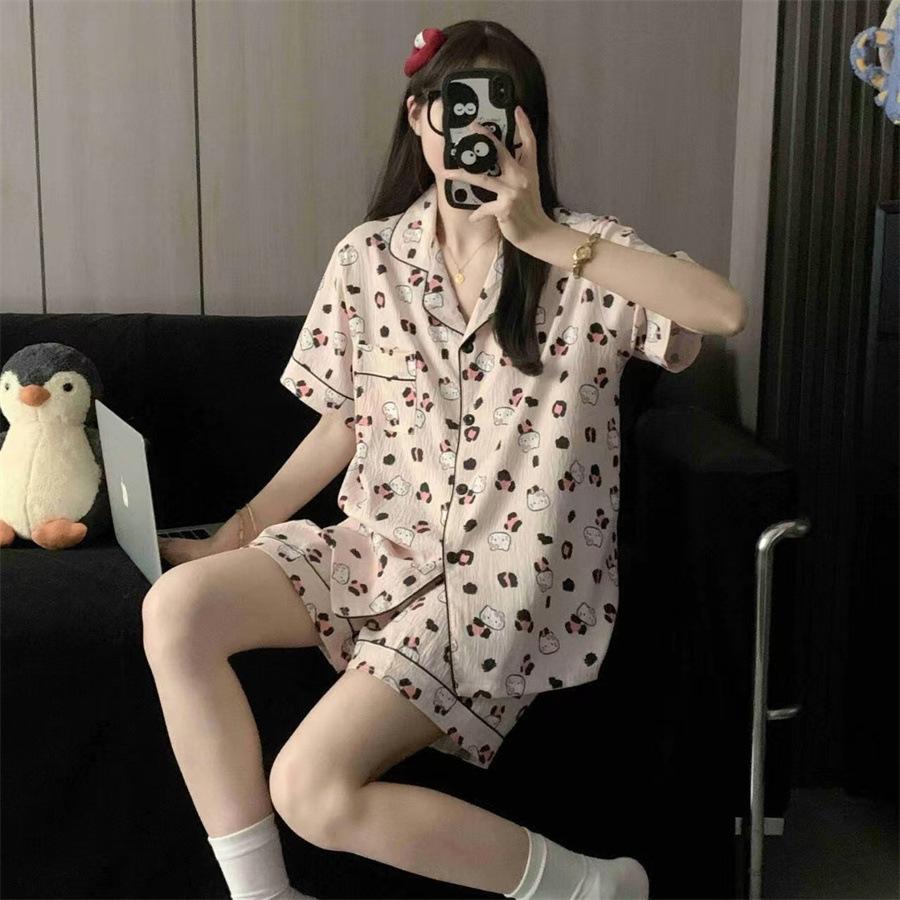 

Premium ins pink leopard print kitten pajamas women s summer short-sleeved shorts suit girls can wear loungewear S