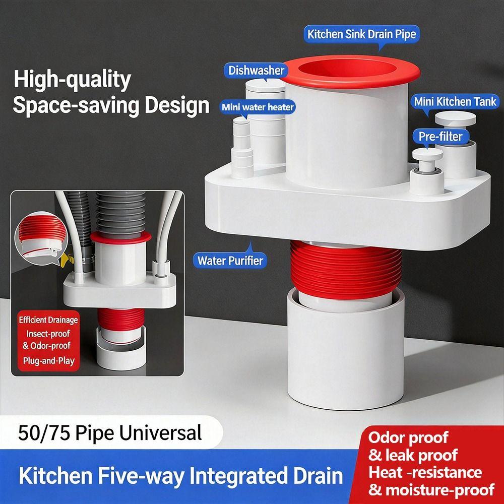 Plastic Kitchen Pipe Connector 5 In 1 Odor-Proof Multi-port Drainpipe Joints Sealing Multi-Functional Drainpipe Connector