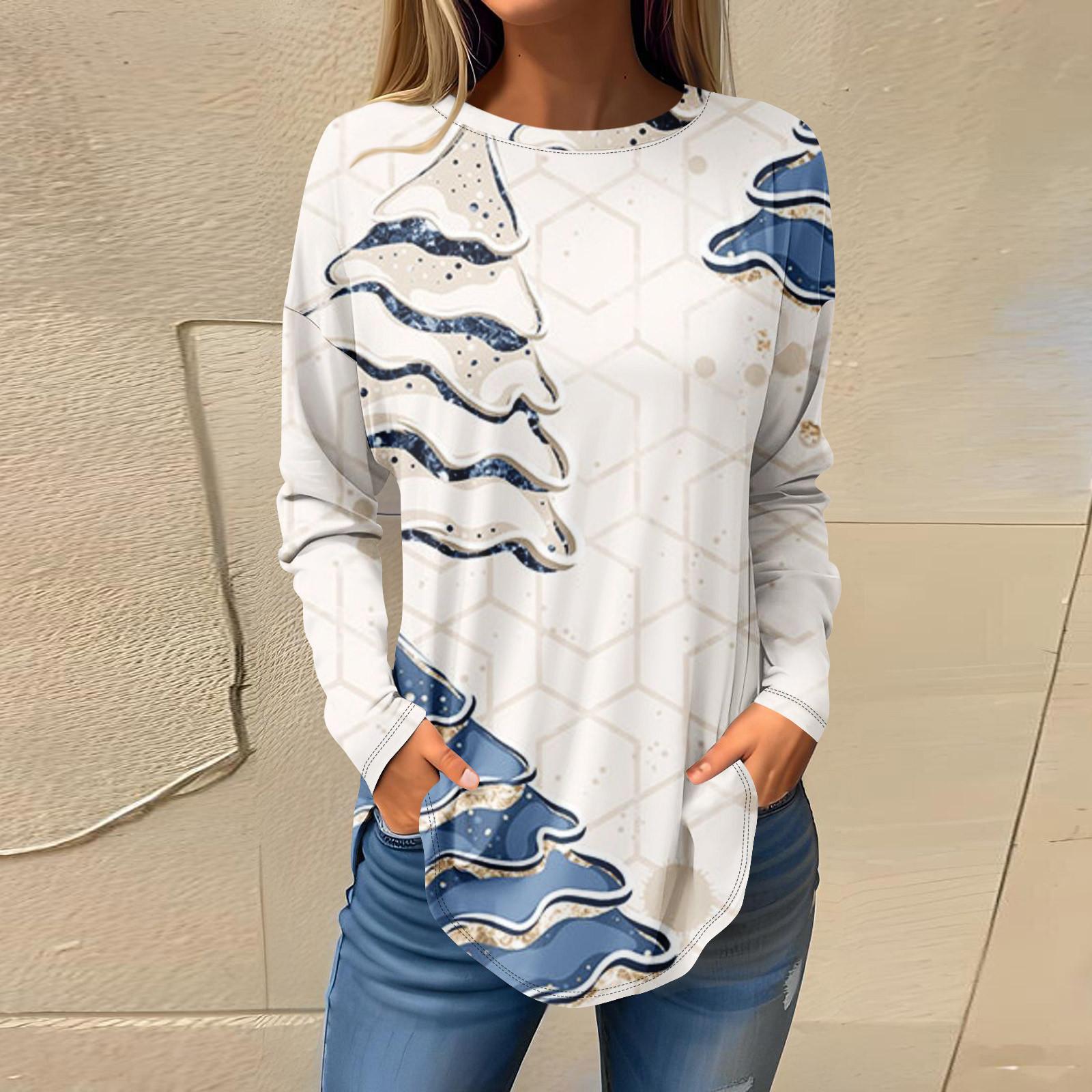 

Футболки для женщин, осенние повседневные рубашки с длинными рукавами, толстовка с ретро-принтом, топ для рождественской вечеринки, пуловер L бежевый