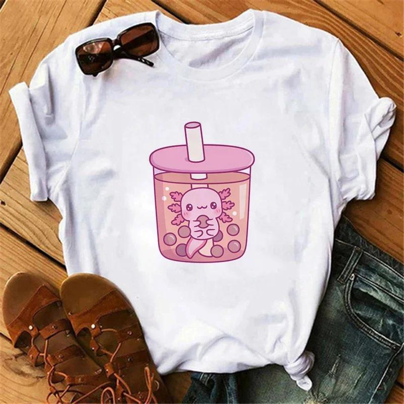 NEW Cute Axolotl Drinking Bubble Tea Printed Kids Tshirt Summer Pure Cotton Shortsleeved Casual Tops for Boys and Girls