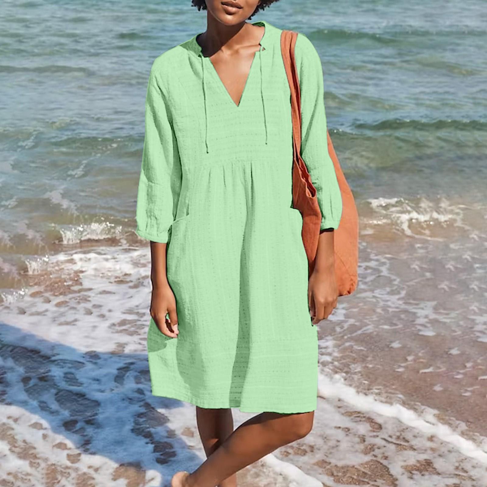 Women s Color Cotton Linen Dress With V-neck Casual Loose Pocket Dress L