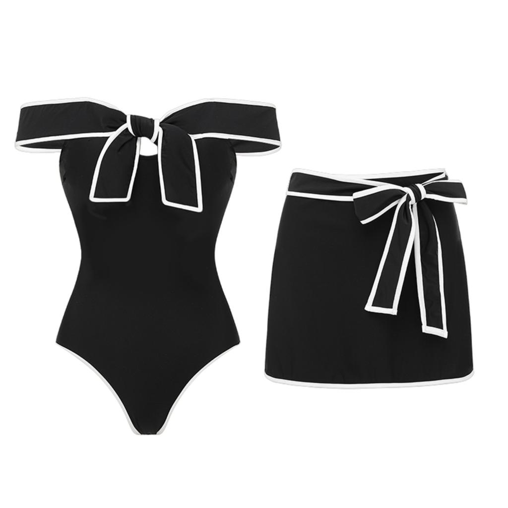 1011 European and American swimwear new black and white color matching sweet girl bow one-piece swimsuit female explosion