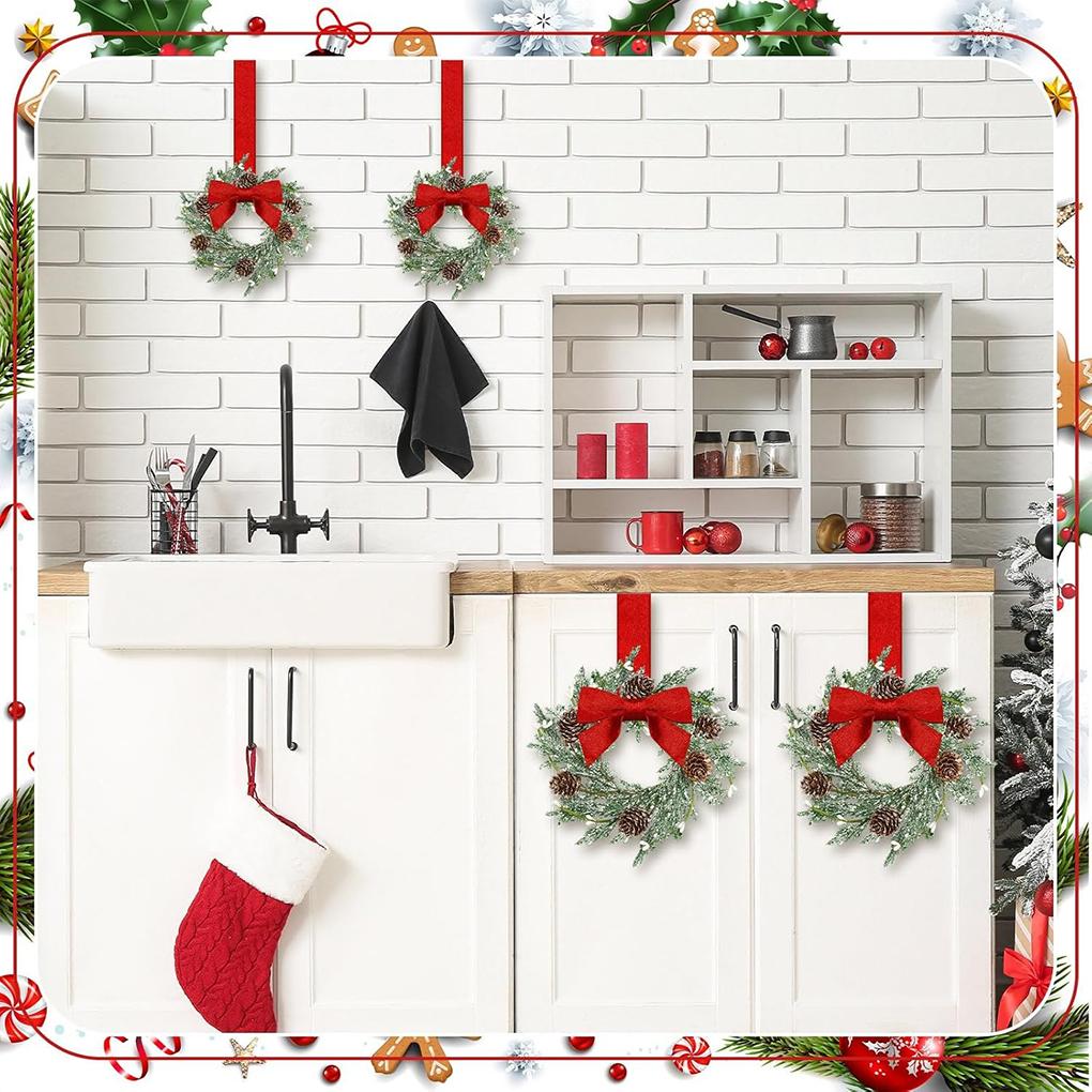 6PCS/SET Christmas Kitchen Cabinet Wreaths with Ribbon Mini Christmas Wreath Small Kitchen Xmas Decor for Window Door