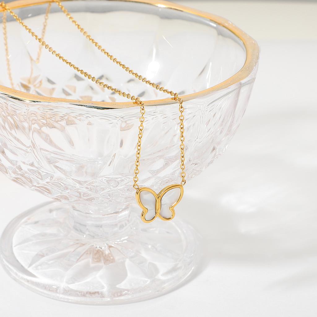 Tarnish Free Shell Butterfly Pendant Necklace For Women  Gold Plated Stainless Steel Choker Necklace