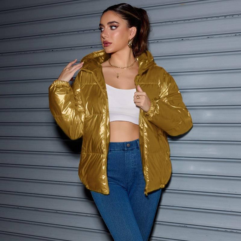 Winter Trendy Shiny Hooded Down Coat Women Long Sleeve Solid Color Slim Fit Cotton Warm Parkas Jacket