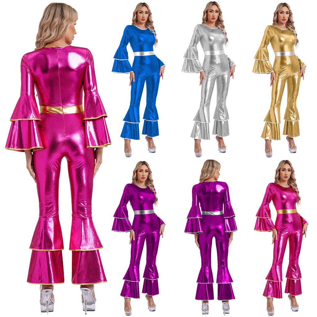 Vrouwen Vintage 70S Disco Metallic Glanzende Jumpsuit Gelaagde Flare Mouw Bell Bottom Hippie Romper Eendelig Danskleding Kostuums