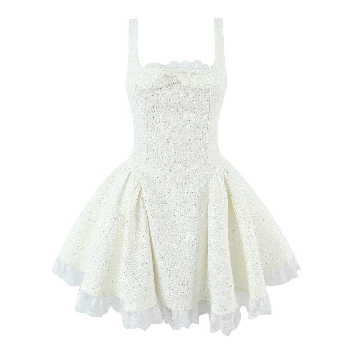 2026 European & American Sequin Lace Short Dress with French Square Neck M