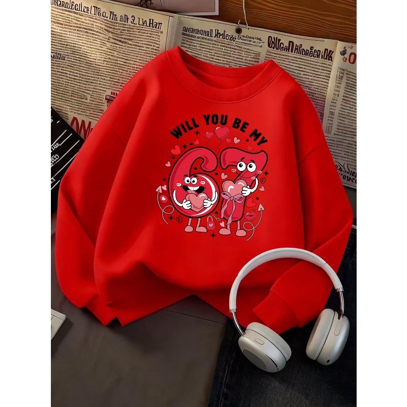 Kids Unisex Sweatshirt, Cute Cartoon Number 67 Will You Be My Heart Print Pullover, Boys Girls Valentine Birthday Sweatshirt For Kids Over 4 Years Old