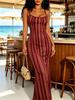 Women's Modern Elegant Casual Fashion Red Striped Printed Sleeveless Cami Strap Bodycon Mermaid Maxi Dress For Spring Summer Autumn