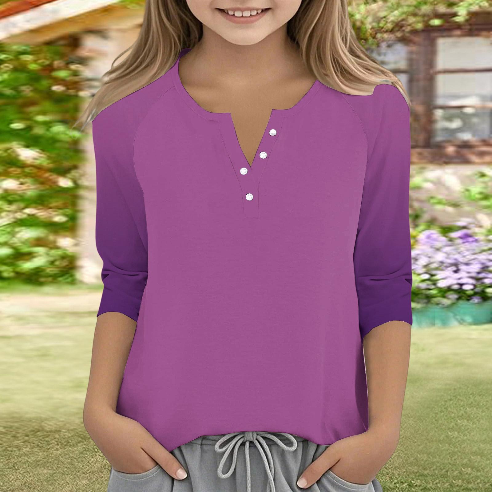 Kids Three Quarter Sleeve Casual Top Button Front Pullover Shirt Lightweight Soft Fabric Comfortable Fit for Everyday Wear 150