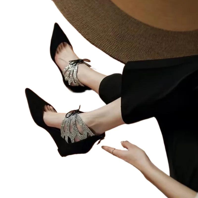 Summer Suede Glitter Pointed Toe Lace-up New Sandals Women's Plus Size Ultra High Heel Party Shoes Wedge Sandals