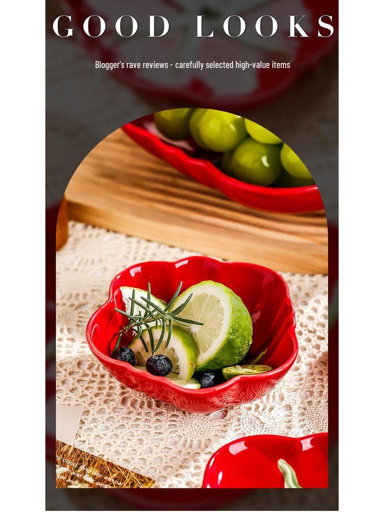 Tomato Ceramic Tableware: Tomato-Shaped Dinner Plates, Heart-Shaped Dessert Bowls, Festive Fruit Plate, Red Storage Jar.